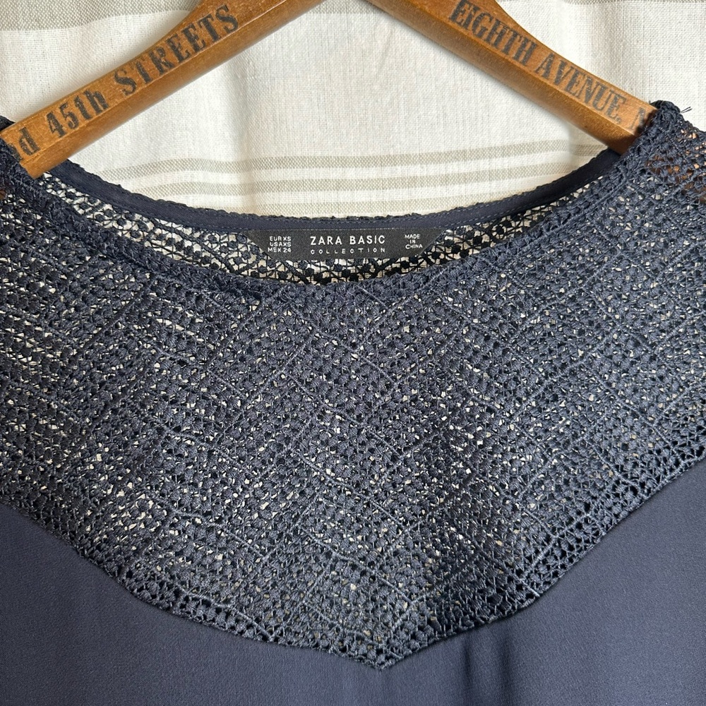 Zara Basic Mini Dress, Navy, 3/4 length sleeve, Size XS, lace at neckline.